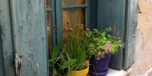 France This Year Un-shuttered windows and pots with bright flowers @bfblogger2013