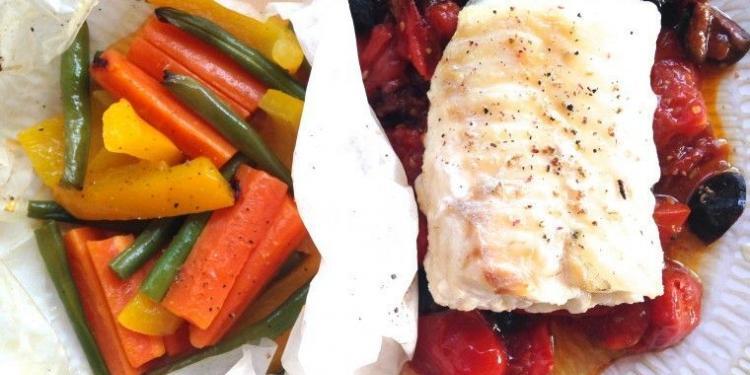 Cod Fillet en Papilliote on Tomato, Basil Olive Compote Vegetables @MirabeauWine