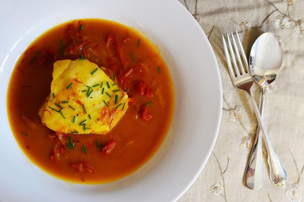 Poached Sea Bass saffron tomato broth