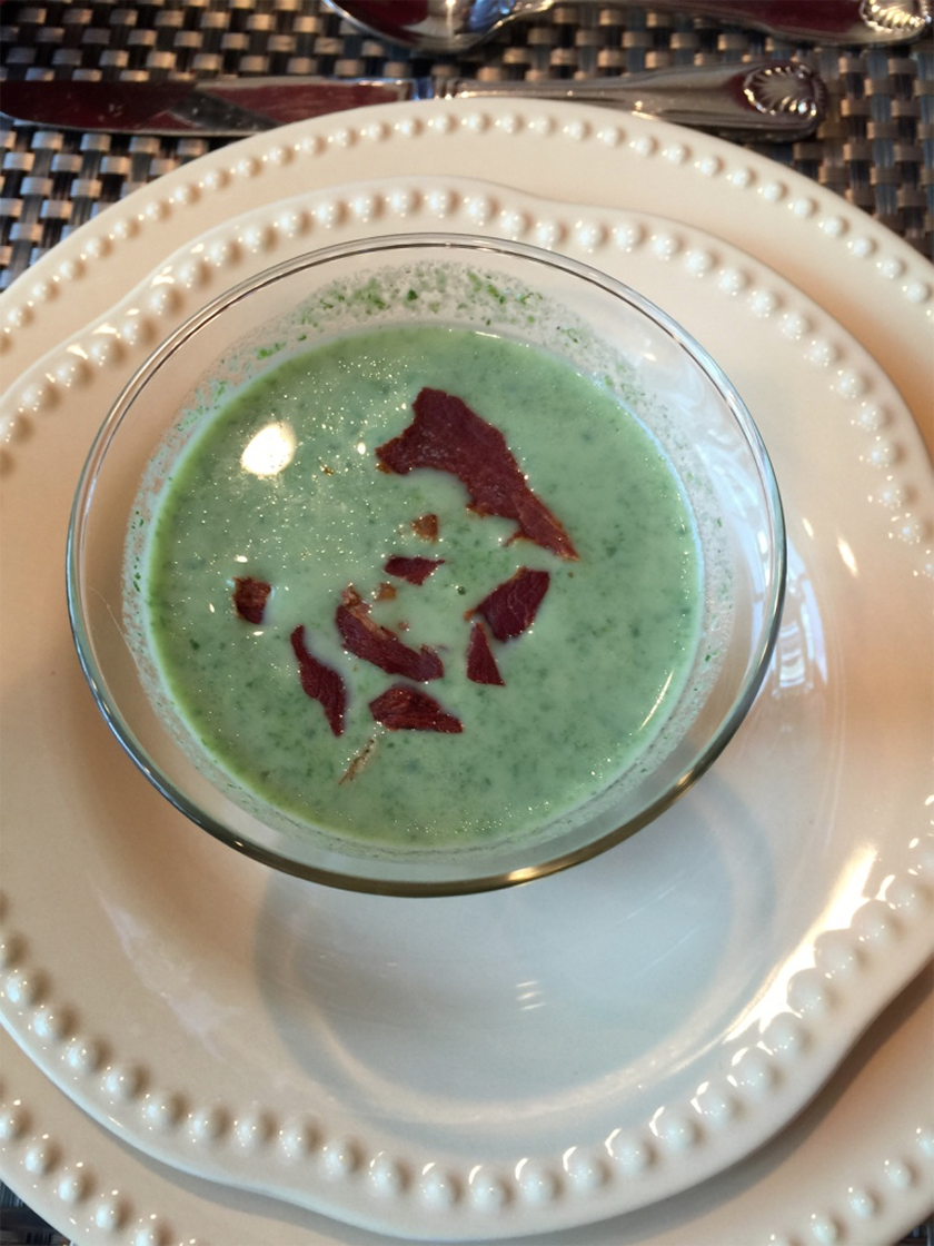 Chilled Pea Soup Crispy Prosciutto