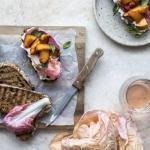 Grilled Sourdough Tartines wearecookandbaker-griddled-ricotta-peach-basil-tartines-recipe