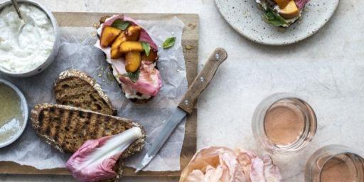 Grilled Sourdough Tartines wearecookandbaker-griddled-ricotta-peach-basil-tartines-recipe