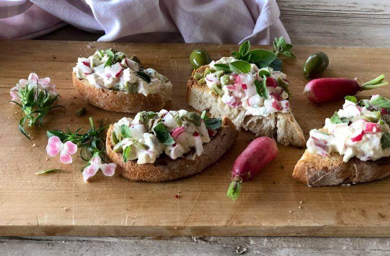 Radish Green Olive Tartare Sourdough Bread