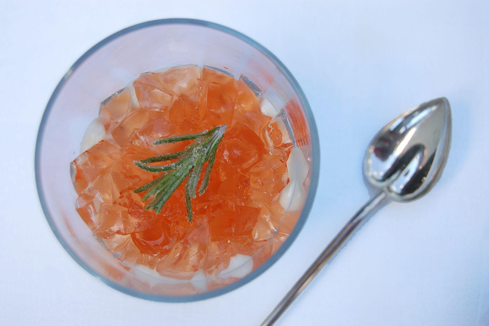 Verrine of Cambozola Mousse, Spiced Rosé Gelée, and Crystalized Rosemary
