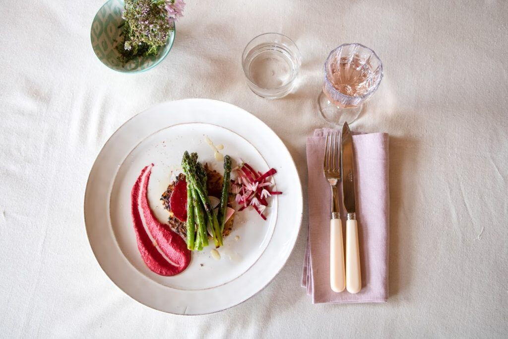 Vegan Potato Onion Rostis, Grilled Asparagus, Beet Purée