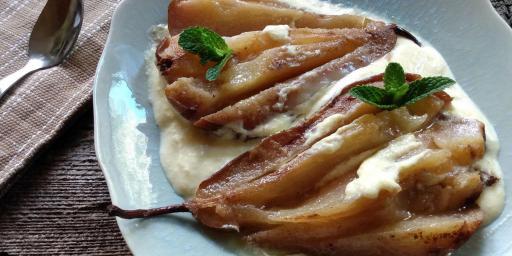 Winter Dinner Party Menu Roasted Pears with Crème Anglaise