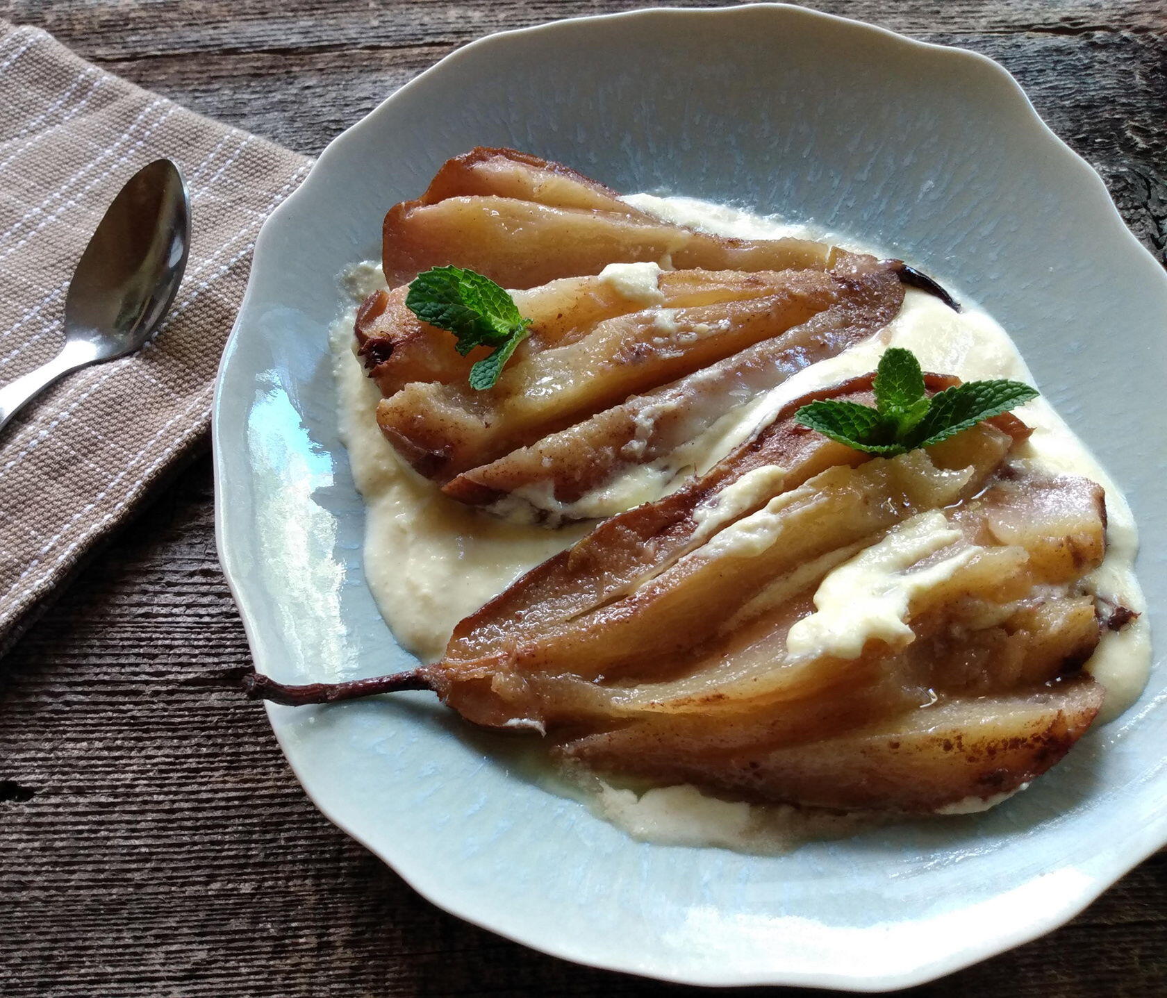 Winter Dinner Party Menu pear with creme anglaise