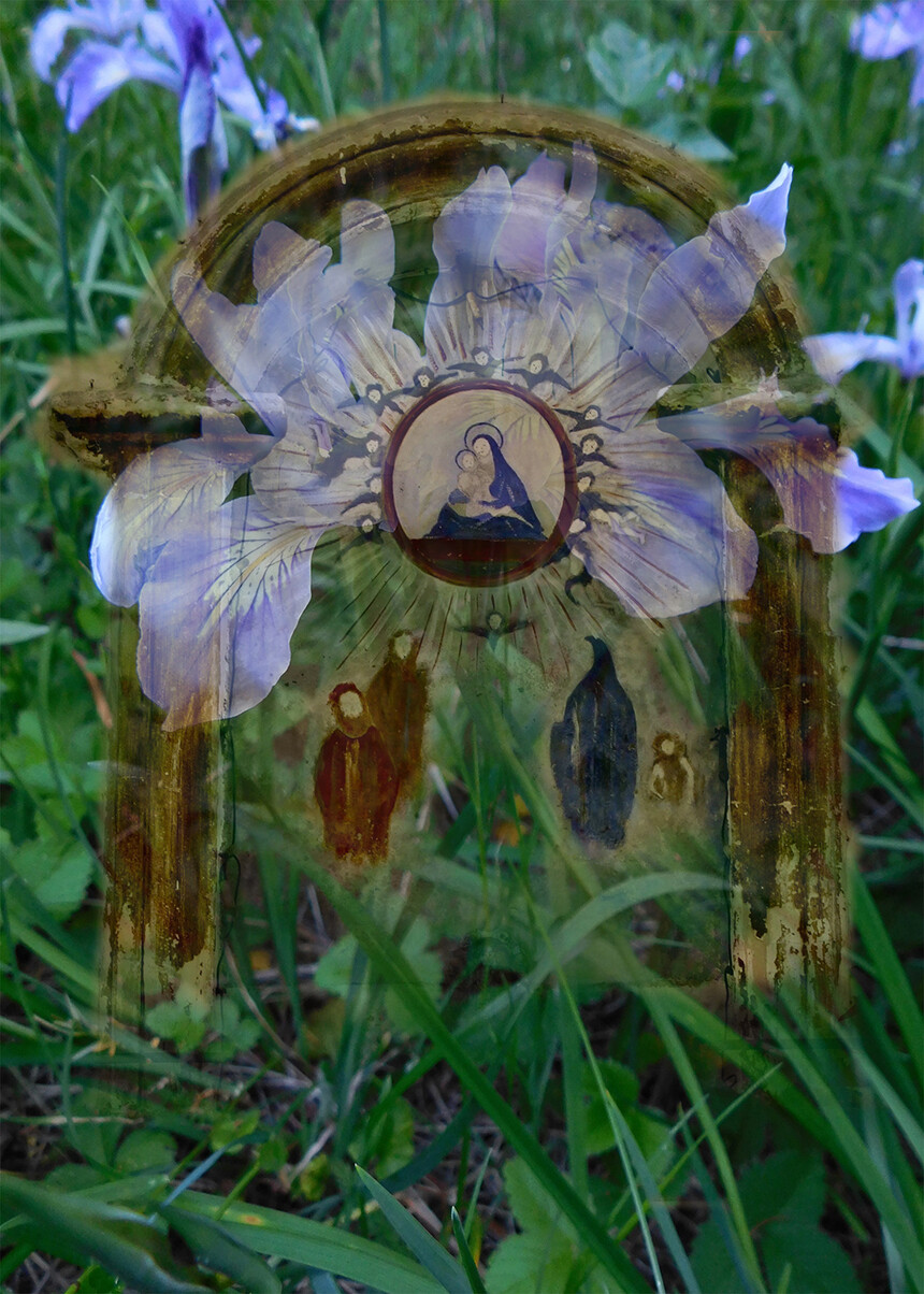 A street shrine over wild iris