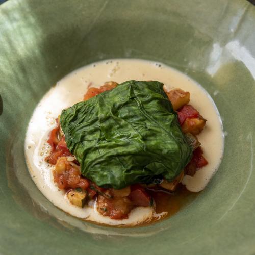 Cod Fish Steamed in Spinach Leaves, Basil Ratatouille, White Wine Cream Sauce