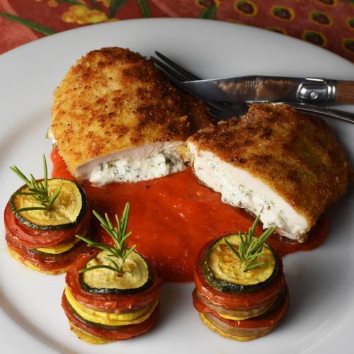 Goat Cheese Stuffed Chicken with Red Pepper Purée