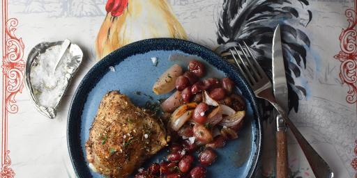 Roasted Sheet Pan Chicken with shallots and grapes