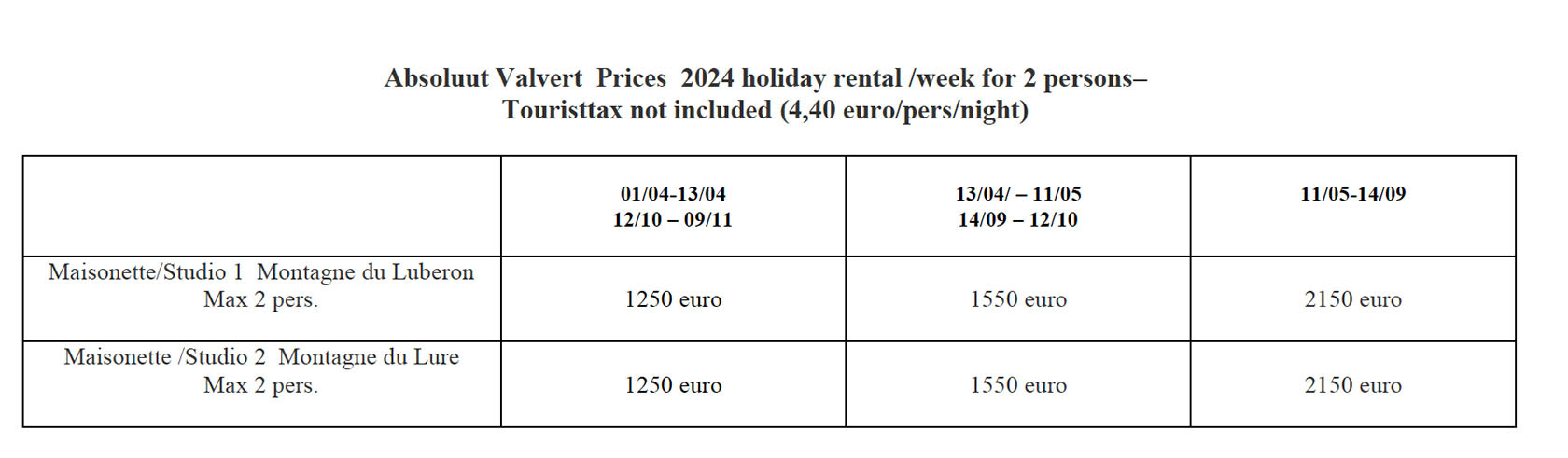 Maison Valvert Rental Cottages Rates 2024