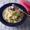 sablefish in lemon cream over lavender fettucine