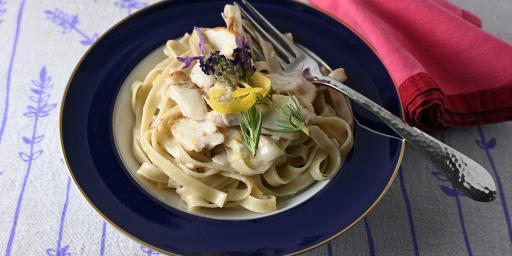 sablefish in lemon cream over lavender fettucine