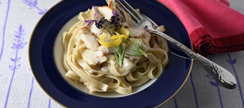 sablefish in lemon cream over lavender fettucine