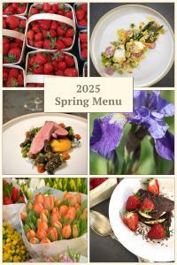 collage of images showing springtime foods and flowers