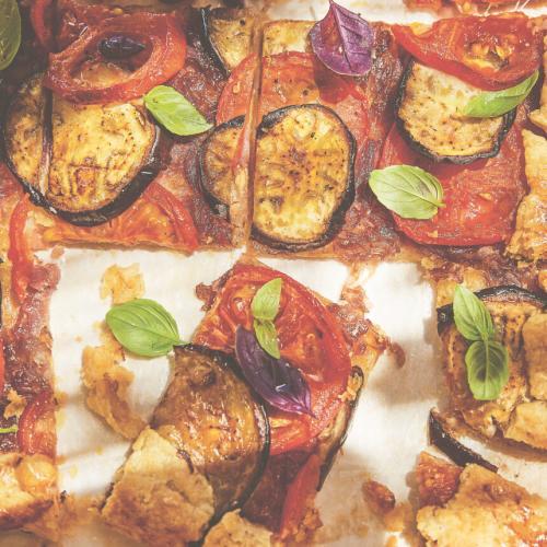 roasted vegetables on pastry cut into slices