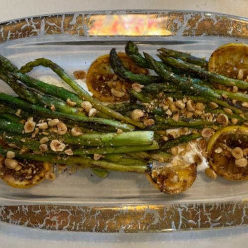 Asparagus, Burrata, Charred Lemon and Toasted Hazelnut Crunch